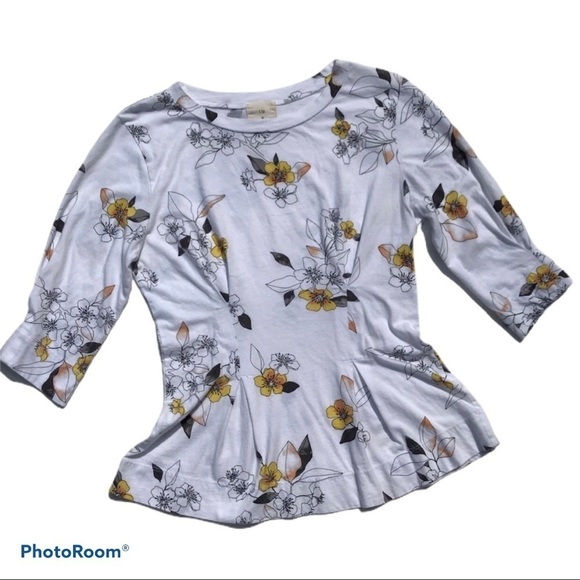 T.la Anthropologie White Floral Print Peplum Shirt - Picture 1 of 6
